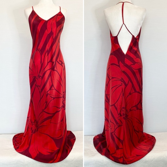 Y2K Victoria’s Secret Silk Bold Red Floral Maxi Gown Vintage Halter Slip Dress - Picture 5 of 11